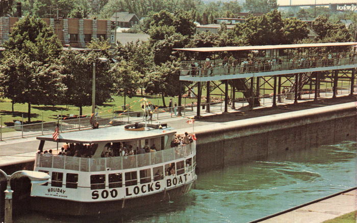 Soo Locks Boat Tours - Old Postcard (newer photo)